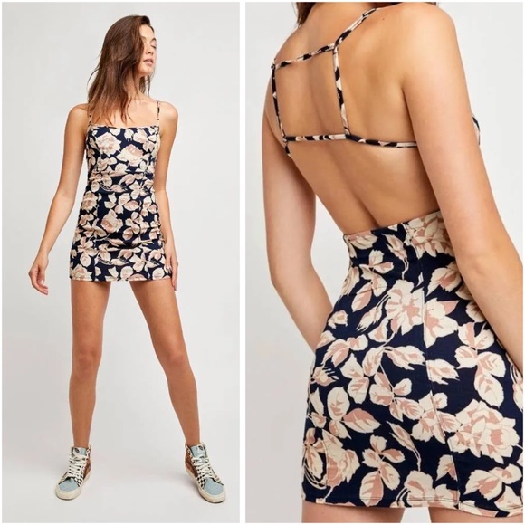 NWT Free People Floral Print Cut Out Back Bodycon Mini Dress - Picture 2 of 13